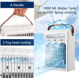 Witte Draagbare Luchtkoeler - 900ML Watertank - 3 Snelheden - 2/4/6H Timer - 7-Kleurig Nachtlicht - Stille Verdampingskoeling - Geschikt voor Slaapkamer, Kantoor, Bureau en Tent — thumbnail 4