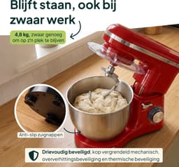Vivid Green 2000W Keukenrobot - 6.2L - Mixer met Mengkom - Keukenmachine - Keukenmixer - Rood — thumbnail 5