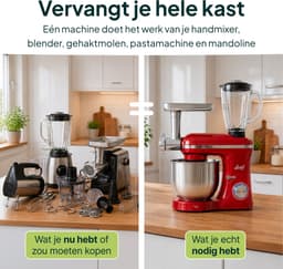 Vivid Green 2000W Keukenrobot - 6.2L - Alles-in-een Keukenmixer - Mixer met Mengkom - Keukenmachine - Gehaktmolen en Blender- Pastamachine – Rood — thumbnail 2