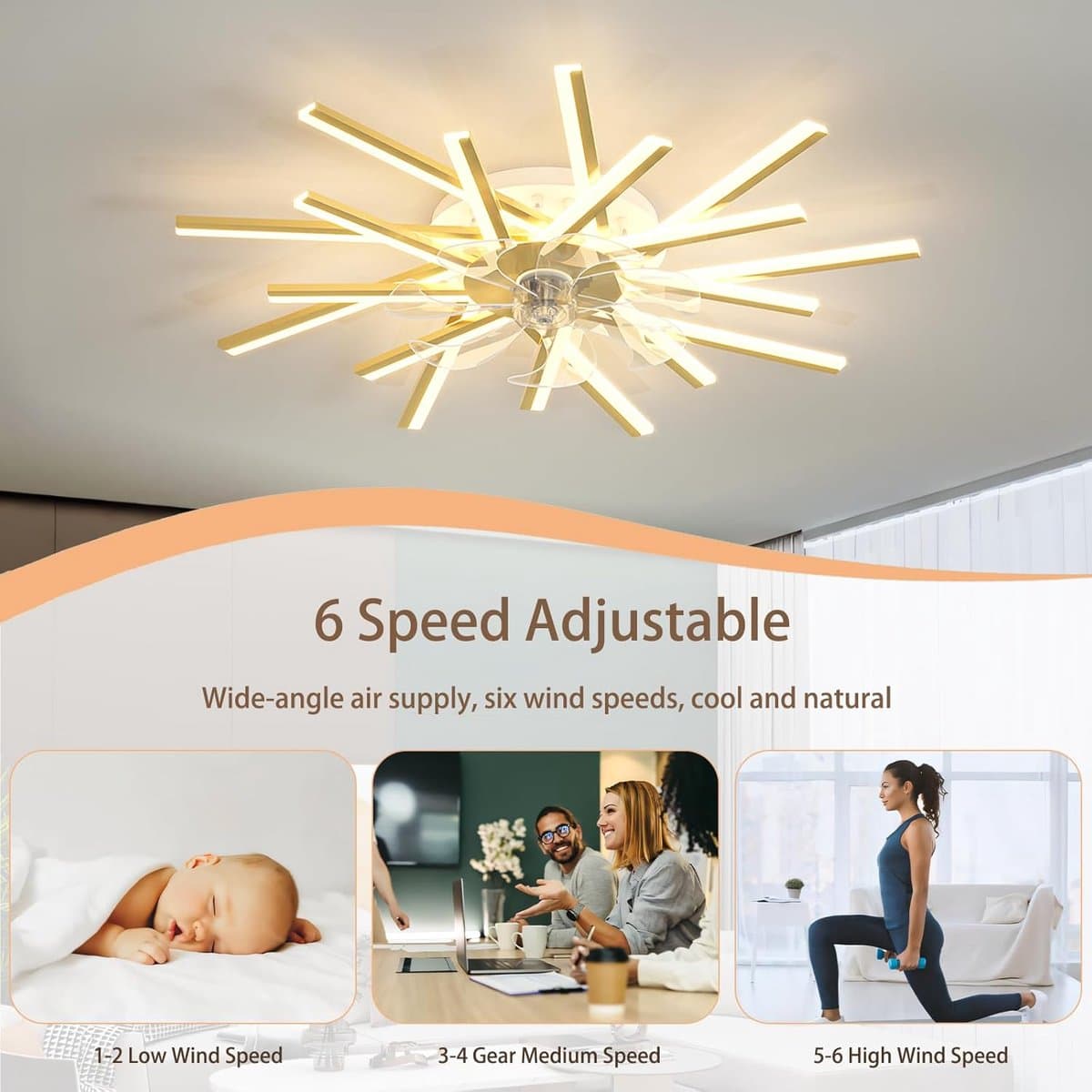 Deckenventilator Met Beleuchtung Speicherfunktion Dimmbar LED Wohnzimmer Deckenlampe Met Ventilator 6 Gang Timer Omkeerbare Lamp Met Deckenventilator Fernbedienung Voor Schlafzimmer-Gold||92CM — afbeelding 1