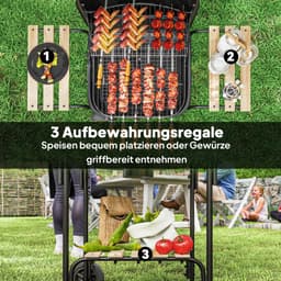 Premie Stalen Houtskool Barbecue - Smoker Barbecue - Houtskoolgrill - Grillwagen met Afsluitbaar Deksel, Wielen, Handvat, Houten Plank - BBQ voor Kamperen, Buiten, Tuin - 98 x 54 x 91 cm - Zwart — thumbnail 5