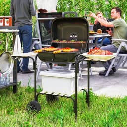 Premie Stalen Houtskool Barbecue - Smoker Barbecue - Houtskoolgrill - Grillwagen met Afsluitbaar Deksel, Wielen, Handvat, Houten Plank - BBQ voor Kamperen, Buiten, Tuin - 98 x 54 x 91 cm - Zwart — thumbnail 3