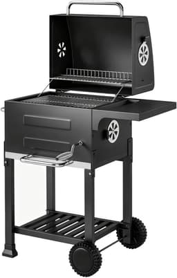 Premie Houtskool Barbecue - Compacte Smoker Barbecue - Barbecuegrill - Grillwagen - Houtskoolgrill met Deksel, Bijzettafel, Deksel, Thermometer, Planken - Verplaatsbaar - BBQ voor buiten, tuin - Zwart — thumbnail 3