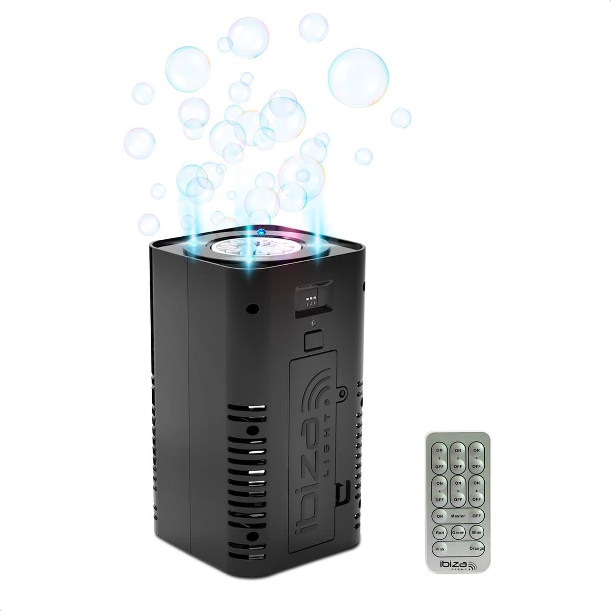 Ibiza - BUBBLE-DREAM - Draagbare, op batterijen werkende RGB LED-bellenblaasmachine - Met afstandsbediening en synchroniseerbare lichteffecten — afbeelding 1