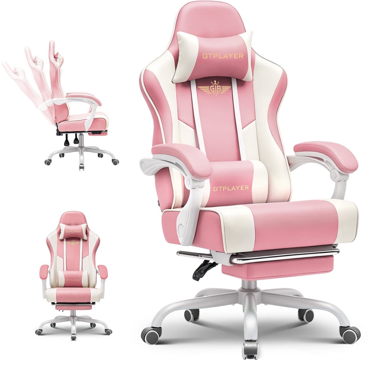 GTPLAYER - Gaming Stoel - Met Voetensteun Hoofdsteun en Lendensteun 180kg - Roze — afbeelding 1