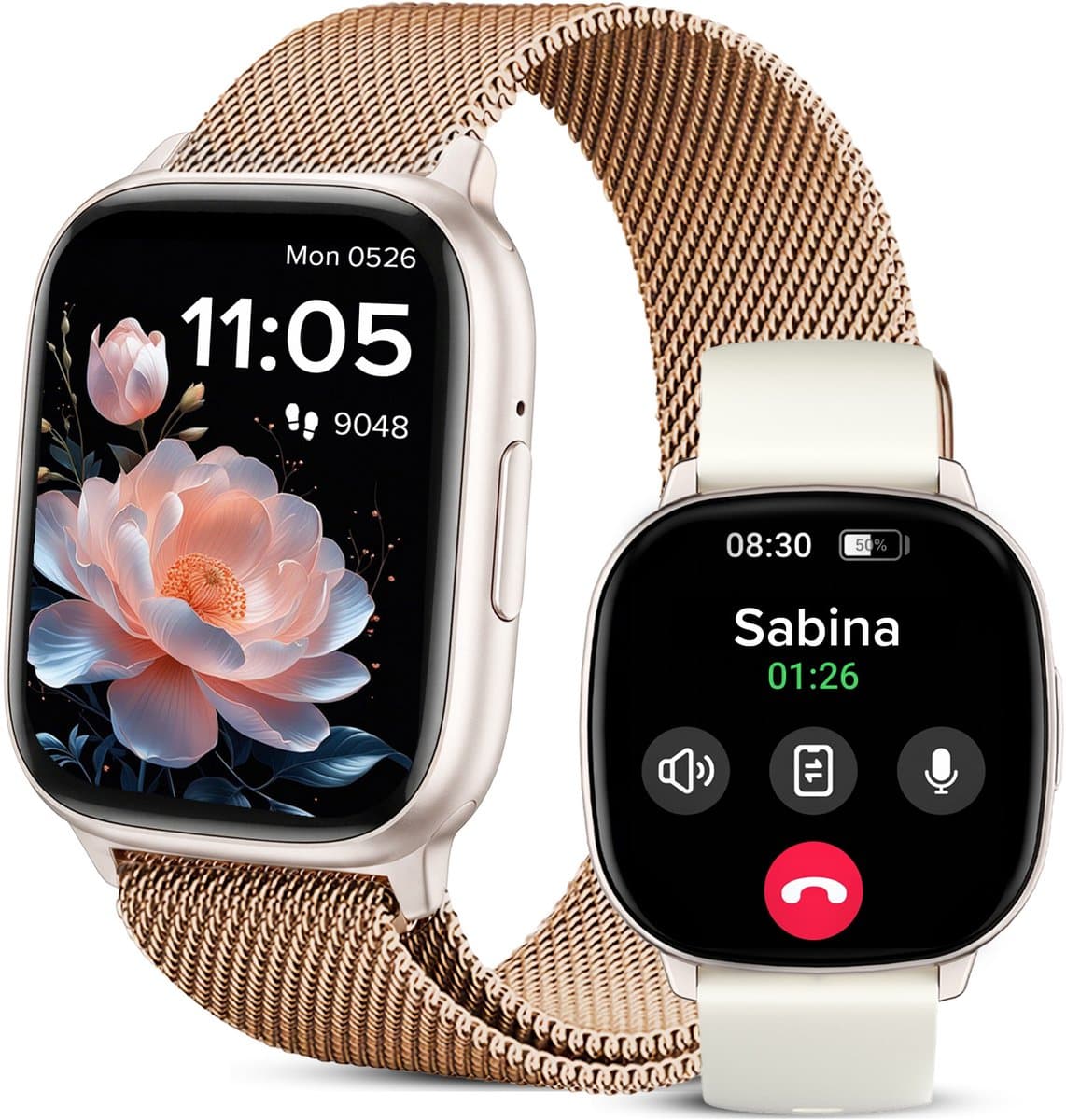 Avalue Smartwatch Dames & Heren - AMOLED Full Touchscreen - Bluetooth Bellen - Hartslag & Bloedzuurstof - Slaaptracker - - Meerdere Sportmodi - Geschikt voor Android en iOS - Rose Gold en Wit — afbeelding 1