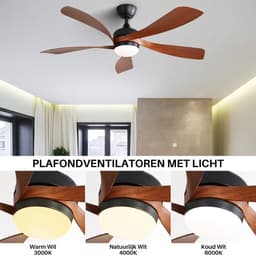 Plafondventilator Met Lamp - Stille ventilator - 5 ABS Bladen - Ø 52 inch - Dimbare lamp met 3 lichtstanden - 6 standen voor de windkracht - Met Afstandsbediening - LED's Light - Zwart — thumbnail 3