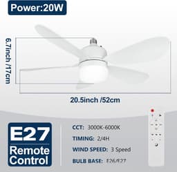 Ventilator lamp plafond-ventilatorlamp met afstandbediening-Plafondventilator met afstandsbediening - Schroefventilator met dimfunctie - Driekleurige plafondlamp voor slaapkamer, woonkamer, keuken, garage - Eetkamer - Wit-52x17 cm — thumbnail 2