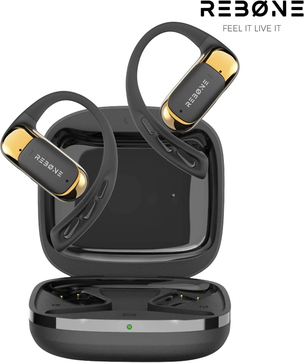 REBØNE® AERO Sport Oortjes - Oordopjes Draadloos - Bone Conduction Headphone - Open ear - Earbuds Wireless - Draadloze Koptelefoons - Bluetooth Koptelefoon - USB C - Waterdicht - Zwart / Goud — afbeelding 1