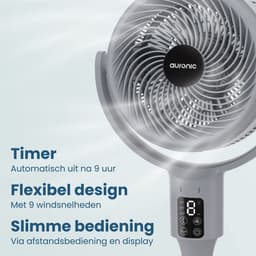 Auronic Statiefventilator - Staande Tafel en Vloerventilator - 9 Standen en Timer - Luchtkoeler - Stil - Met Afstandsbediening en Display - Fan - Grijs — thumbnail 3