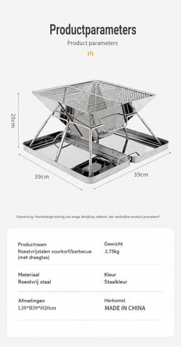 Opvouwbaar Roestvrij Stalen Vuurplaats Barbecuerek - Draagbare Houtskoolgrill voor Camping en Picknick met Draagtas — thumbnail 2