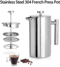 350ML roestvrijstalen French Press koffiezetapparaat - Hoogwaardig French Press koffiezetapparaat - met drievoudig roestvrijstalen filter - Snel koffiezetapparaat - Geschikt voor thuis, op reis, op de camping (zilver) — thumbnail 2