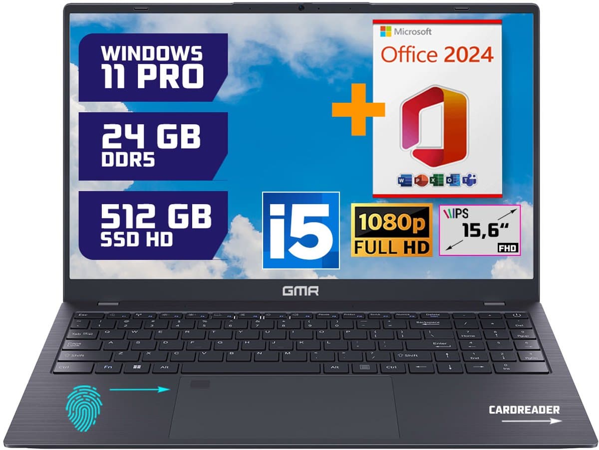 GMR - 15.6 Inch Full HD Laptop - Intel Core i5 - 24GB DDR5 RAM - 512GB SSD - Office 2024 - Windows 11 Pro voor Thuis, Office en Studie notebook — afbeelding 1
