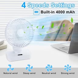 Zakventilator - Draagbare USB-bureauventilator - Ultrastille automatische oscillatie 120° - Krachtige oplaadbare batterij van 4000 mAh - Mini-bureauventilator - 4 snelheden - Kleine ventilator voor thuis, slaapkamer en buiten - Wit — thumbnail 4