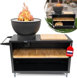 HEAT Buitenkeuken Trolley Zwart – Vuurschaal 60 cm - Mobiele BBQ & Plancha met Snijplank – 117x46x106 cm — thumbnail 1