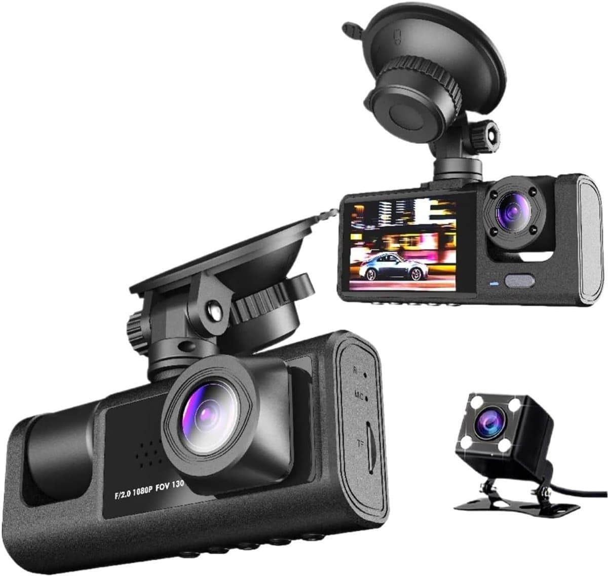 Dubbele dashcam voor in de auto, voor- en binnenkant, autobeveiligingsvideorecorder met audio, 1080P, voertuigcamera, plug-and-play, WDR, nachtzicht, automatische vergrendeling met G-sensor, 2 inch scherm(Met 32G geheugenkaart) — afbeelding 1