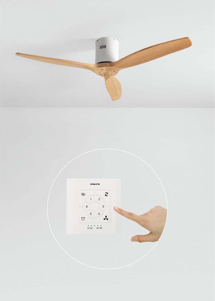 CREATE - Plafondventilator 40W silent 100% hout (Ø132cm) (ruimtes 10m²-25m²) - Wit / Licht hout - Geen licht - Controller voor wandmontage + afstandsbediening - WIND CALM NATURAL WOOD — afbeelding 1