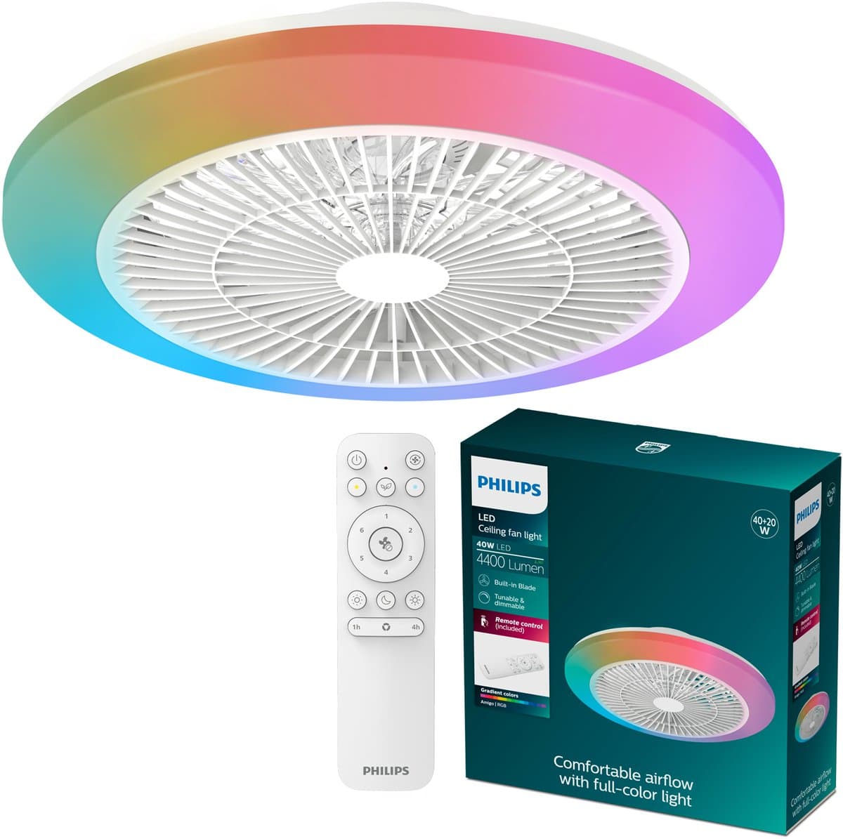 Philips Amigo Plafondventilator - Ingebouwde LED-lamp - Wit en gekleurd licht - Dimbaar - 20W+40W - Inclusief afstandsbediening - 4400 Lumen - Diameter: 480mm — afbeelding 1