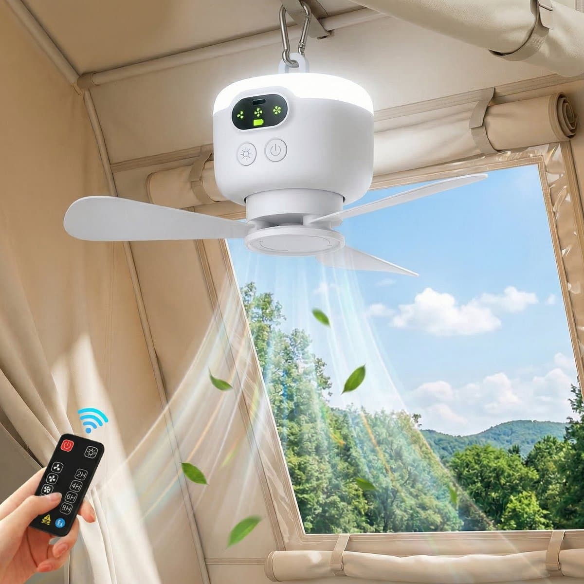 Rosnek Draagbare Campingventilator met LED Lamp - 8000mAh Oplaadbare Tent Ventilator - Compacte Plafondventilator met Afstandsbediening - Outdoor - RV — afbeelding 1
