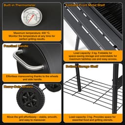 Houtskoolbarbecue met Smoker, 2-Kamer BBQ-wagen met Wielen, Rookbarbecue voor Vlees en Vis, Zwart — thumbnail 4