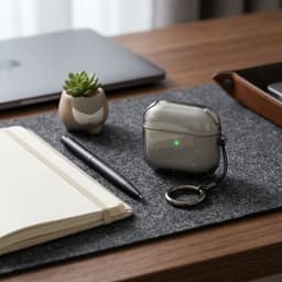 Grijs transparant hoesje voor oordopjes met sleutelring – schokbestendige beschermhoes geschikt voor AirPods 4 — thumbnail 2
