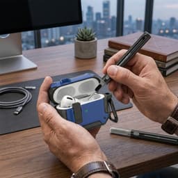 Blauw robuust hoesje voor oordopjes met carbon look geschikt voor AirPods Pro 3 inclusief schoonmaakset en karabijnhaak – schokbestendig en duurzaam — thumbnail 5