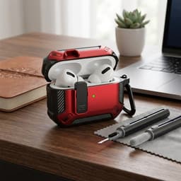 Rood robuust hoesje voor oordopjes met carbon look geschikt voor AirPods Pro 3 inclusief schoonmaakset en karabijnhaak – schokbestendig en duurzaam — thumbnail 2