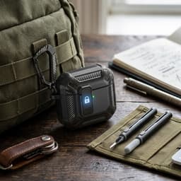 Zwart robuust hoesje voor oordopjes met carbon look geschikt voor AirPods 4 inclusief schoonmaakset en karabijnhaak – schokbestendig en duurzaam — thumbnail 3