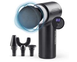 VITALmaxx massagepistool met 6 standen | Massagetoestel met 4 opzetstukken | Werkt op batterijen tot 90 minuten en oplaadbaar via USB-C | Bijzonder licht en handzaam voor onderweg en tijdens het sporten [zwart/zilver]