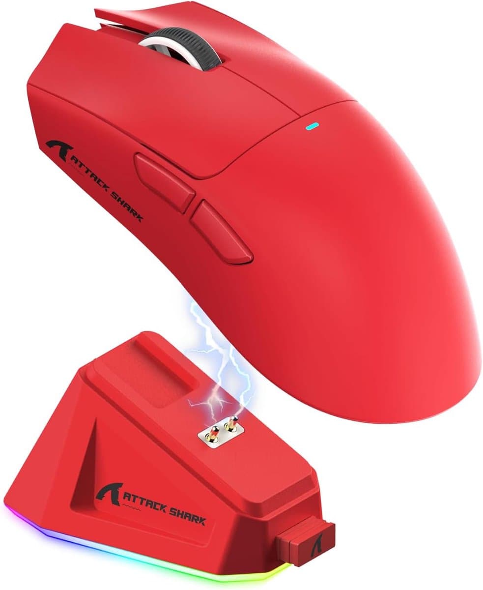 ATTACK SHARK X11 - RGB Gaming Muis - Magnetisch Oplaaddock - PAW 3311 Sensor - 59g Lichtgewicht - Bedraad + 2.4G + BT - 22.000 DPI - Rood — afbeelding 1