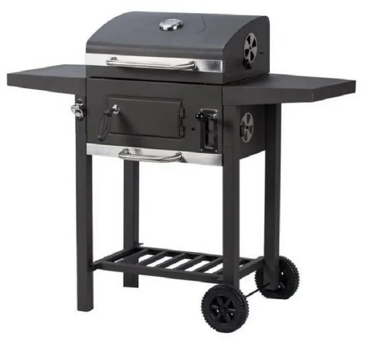 DoneMore® - Houtskool BBQ grill met deksel - barbecue wagen met thermometer en ventilatie - zwart - 100x36x97 cm — afbeelding 1