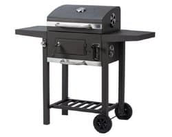 DoneMore® - Houtskool BBQ grill met deksel - barbecue wagen met thermometer en ventilatie - zwart - 100x36x97 cm