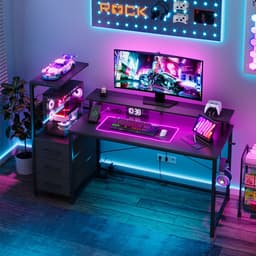 Gaming Bureau met LED Verlichting - 150L x 115H x50B cm - Hoekbureau met Stopcontact - 3 Non Woven Lade - Gaming Desk - Computer Tafel - Gaming Tafel - met Opbergplanken & IJzeren Haak - Zwart - Bureau voor Gamen, Studeren en Werken — thumbnail 4