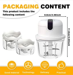 Elektrische uienhakker-Hakmolen-Uiensnijder-USB oplaadbaar-met 3 mengbekers 100/250/350 ml-Knoflookhakker-voor Vlees Uien Fruit groente-kitchenaid — thumbnail 3