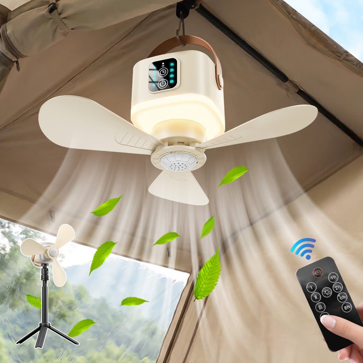Rosnek 3-in-1 Oplaadbare Campingventilator met Verlichting - 7200mAh Ventilator Lamp met Statief & Muggenverdelger - Draagbare Tafelventilator - Tent - Outdoor — afbeelding 1