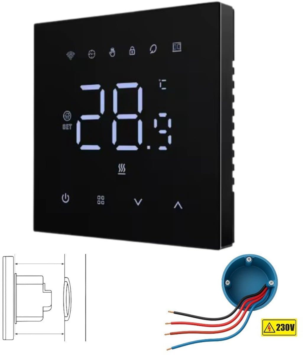Slimme thermostaat | Inbouw 16A/3600W | Zwart touchscreen | Tuya Smart Life | Inclusief NTC vloersensor | Alexa & Google Home — afbeelding 1