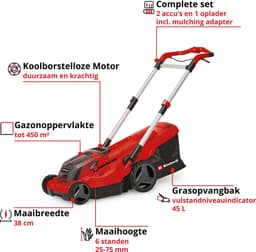 Einhell Professional Accu Grasmaaier GP-CM 36/450 BL Kit - Power X-Change - 36 V/Li-ion - Maaibreedte: 38 cm - Aanbevolen gazonoppervlakte: tot 450 m² - Maaihoogte: 25-75 mm - Incl. 2x 4.0 Ah Accu en 1x DUO-lader — thumbnail 2