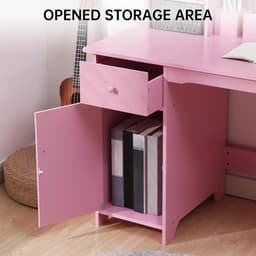 Kinderbureau en Stoel met Opbergruimte - Houten Kindertafel met Etagère, Prikbord & Lade - Verstelbare Kinderstoel - Studiehoek Kinderkamer - 97x46x101cm - Roze — thumbnail 5