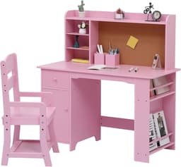 Kinderbureau en Stoel met Opbergruimte - Houten Kindertafel met Etagère, Prikbord & Lade - Verstelbare Kinderstoel - Studiehoek Kinderkamer - 97x46x101cm - Roze — thumbnail 1