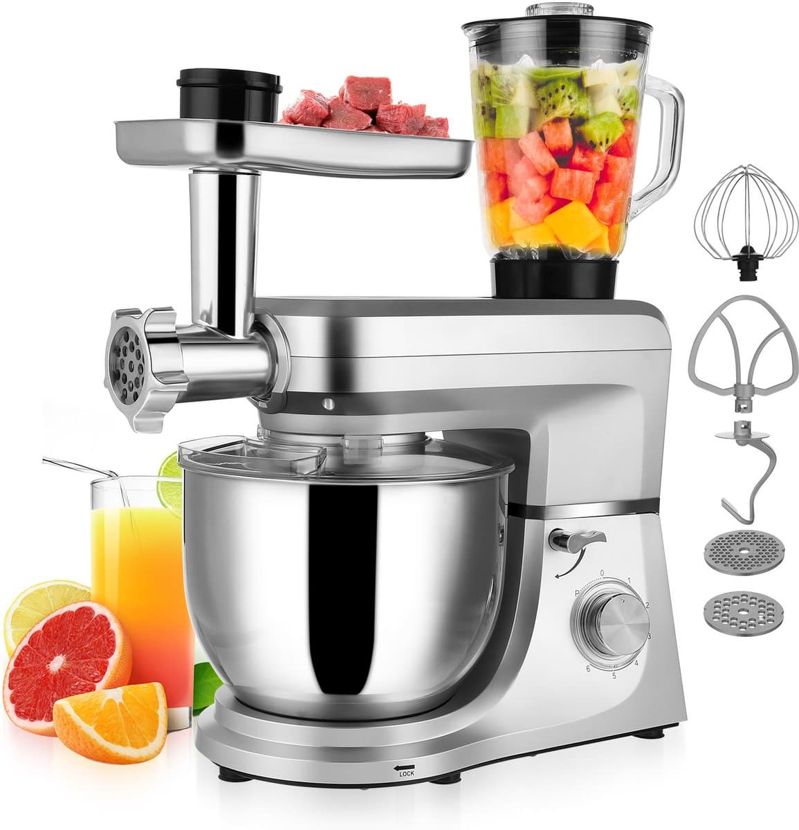 VIVOHOME 6-in-1 Keukenmachine - 6L, 660W, Zilver, met Vleesmolen & Pastamachine - Professionele Mixer voor Brood, Deeg & Taarten — afbeelding 1