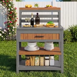 Tuinkast met Werkblad - Buitenkast Grilltafel - Buiten Koken - Roestvrijstalen Werkblad - 100kg Draaglast - Natuurlijk Hout — thumbnail 3
