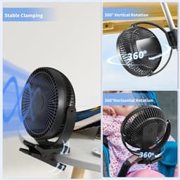 Clip-on ventilator, oplaadbare draagbare ventilator, 8 inch kleine bureauventilator - op batterijen werkende ventilator met 4 snelheden, 360° rotatie, persoonlijke ventilator geschikt voor golfkar, slaapkamer, reizen en kamperen (zwart) — thumbnail 3