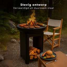 Cheqo® Vuurkorf met BBQ - Barbecue Roestvrij Staal - Grillring - Plancha Grill - Vuurschaal - Buitenkeuken met Houtopslag - 2-in-1 Grill en Terrashaard - Inclusief Teppanyaki Plaat — thumbnail 2
