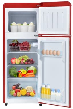 Retro koelkast. Koel-vriescombinatie, 105,5 cm hoog, 41 cm breed, twee deuren, met een totaal volume van 92 liter, vriesvolume van 28 liter. Deurvakken en glazen planken. 116 kWh/jaar, -27 °C ~13 °C, ledverlichting, rood — thumbnail 2