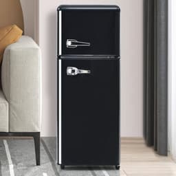 Retro koelkast. Koel-vriescombinatie, 105,5 cm hoog, 41 cm breed, twee deuren, met een totaal volume van 92 liter, vriesvolume van 28 liter. Deurvakken en glazen planken. 116 kWh/jaar, -27 °C ~13 °C, ledverlichting, zwart — thumbnail 2
