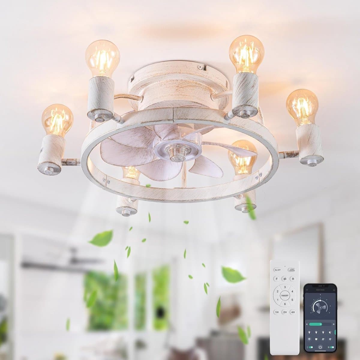 Plafondventilator met Verlichting - Wit - 6 Snelheden - Rustiek Industrieel Ontwerp - Voor Slaapkamer en Keuken — afbeelding 1