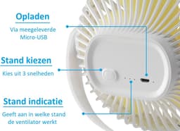 Ventilator met Clip - USB - 360° Draaibaar - Tafelventilator - Eenvoudige bevestiging - 2600 mAh Accu Batterij - Extra Stil - Wit - Qwality® — thumbnail 3
