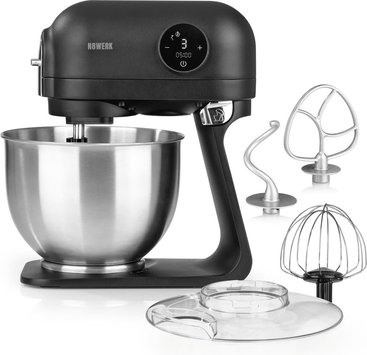 N8WERK Midnight Edition Keukenmachine, garde, kneedhaak en roerhaak, spatbescherming met vulopening, roestvrijstalen kom van 5 liter, 6 snelheden, 1200 watt, digitaal display — afbeelding 1
