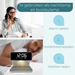 Digitale Wekker - Wake Up Light - Wekker met Draadloze Oplader - Twee Alarmen - Dimbaar - Kinderwekker - Instelbare Nachtlamp - Wit — thumbnail 2