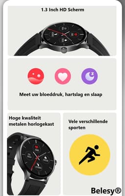 Belesy® NOBLE - Smartwatch Heren – Smartwatch Dames - Horloge – Stappenteller – Calorieën - Hartslag – Sporten - Je eigen foto als wijzerplaat - Kleurenscherm - Full Touch – Goud – Silicone – Zwart - Moederdag — thumbnail 5